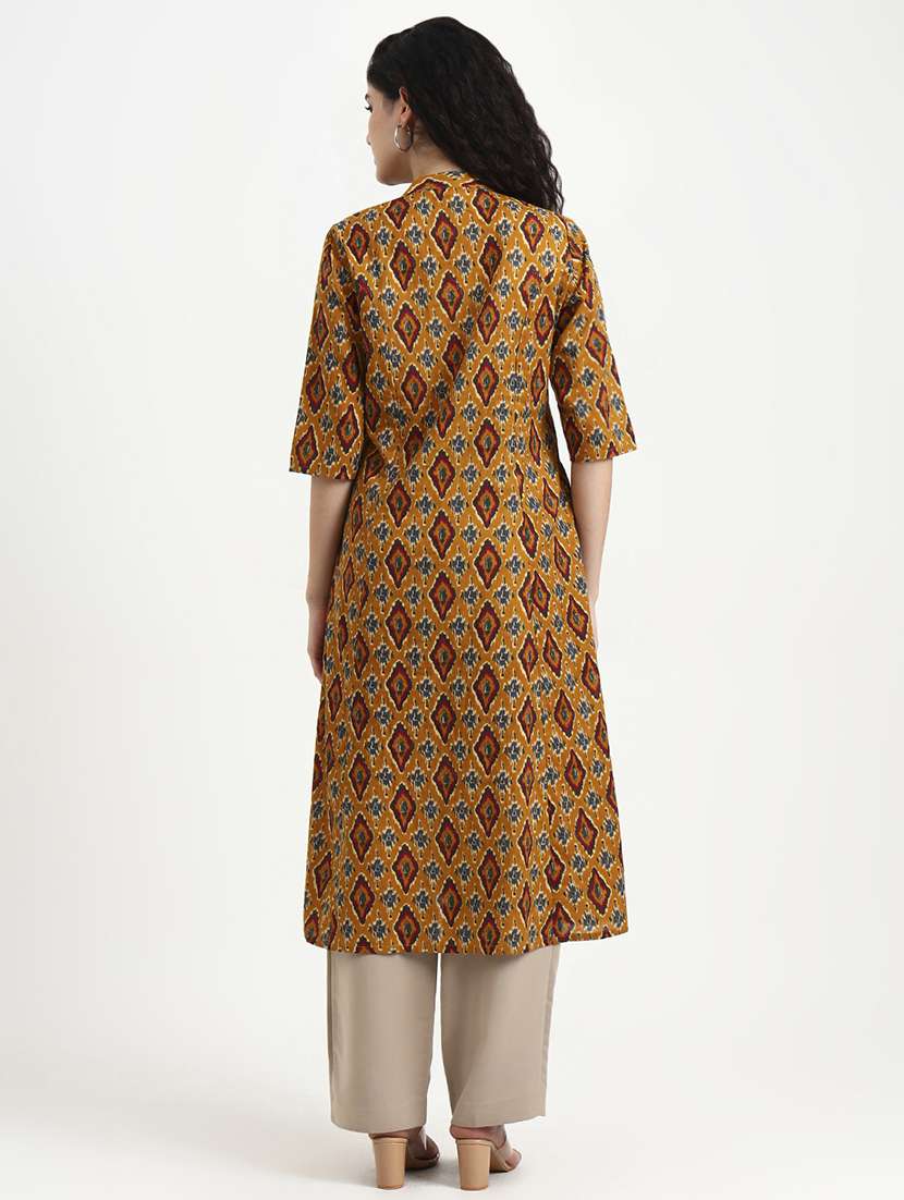 women ikat printed three quarter sleeve a-line kurta - 22140763 - Standard Image - 4