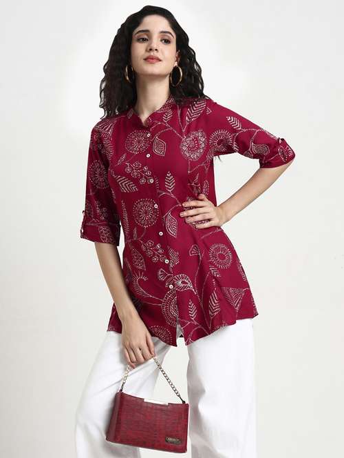 women printed three quarter sleeve shirt tunic - 22140777 - Standard Image - 0