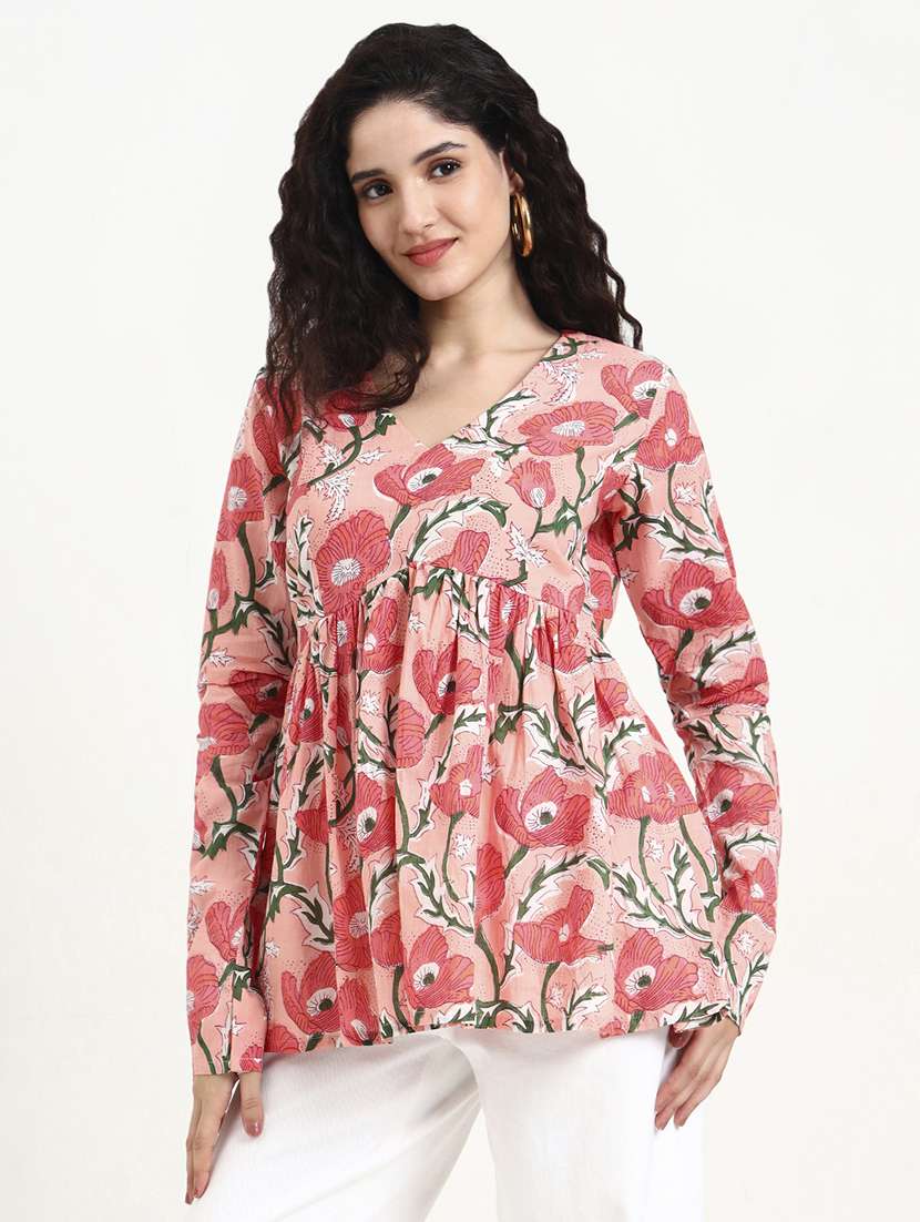 women floral print long sleeve flared kurti - 22140779 -  Standard Image - 1