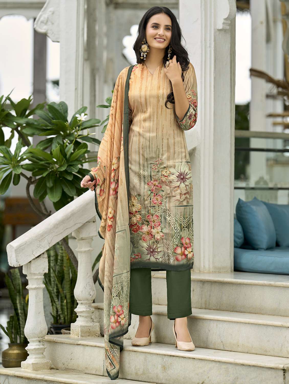 women printed three quarter sleeve kurta pant with dupatta set - 22140793 -  Standard Image - 1