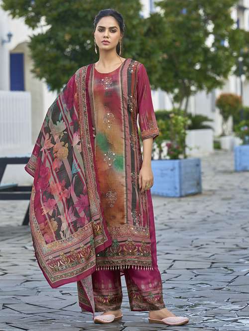 women printed three quarter sleeve kurta pant with dupatta set - 22140796 -  Standard Image - 0