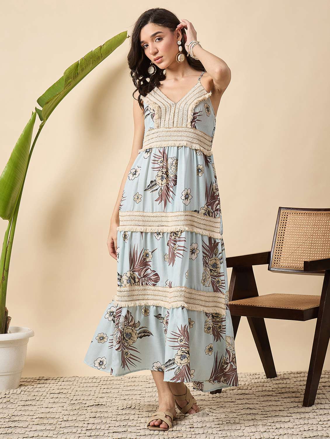 women floral print shoulder strap tiered dress - 22140837 -  Standard Image - 1