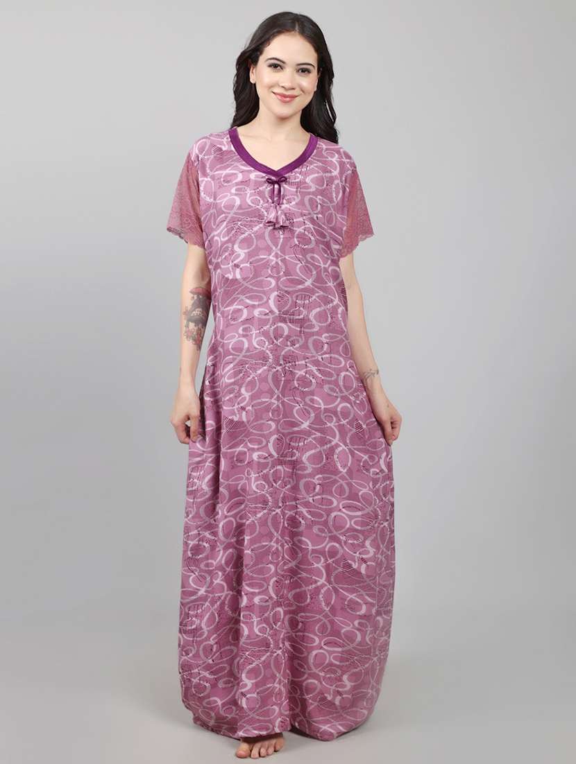 women printed short sleeve nighty with pocket - 22140930 -  Standard Image - 1