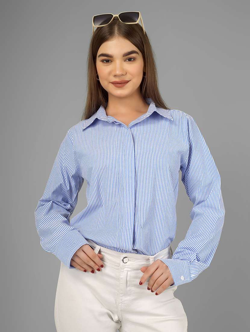 women striped collared long sleeve shirt - 22140963 - Standard Image - 1