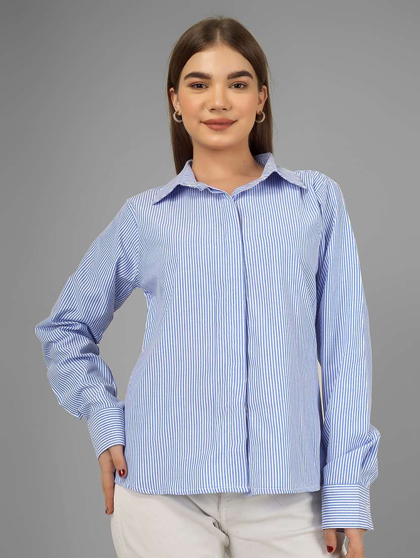 women striped collared long sleeve shirt - 22140963 - Standard Image - 4