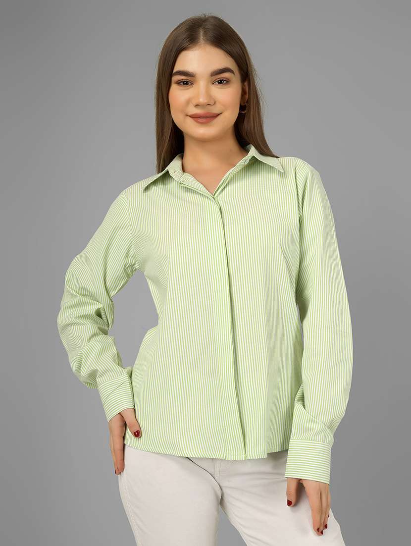 women striped collared long sleeve shirt - 22140964 - Standard Image - 4