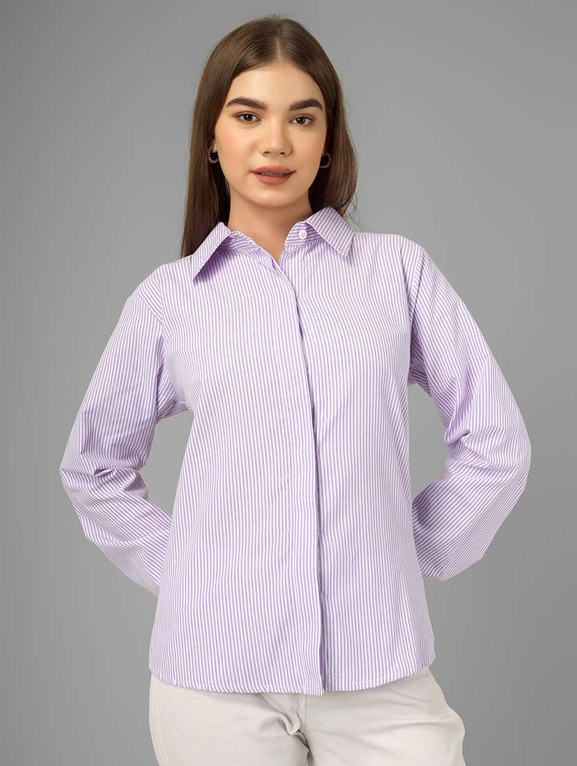 women striped collared long sleeve shirt - 22140965 -  Standard Image - 1