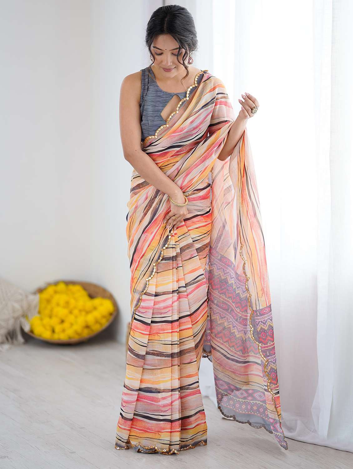 women printed casual wear saree with blouse