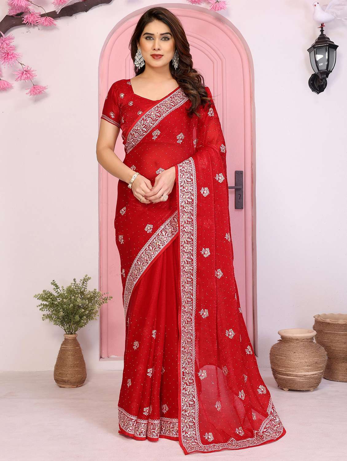 women solid with work embroidered saree with blouse