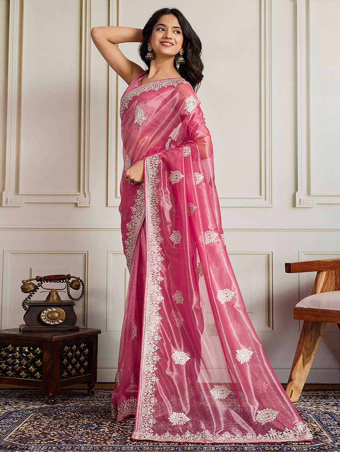 women solid with work embroidered saree with blouse - 22141102 -  Standard Image - 1