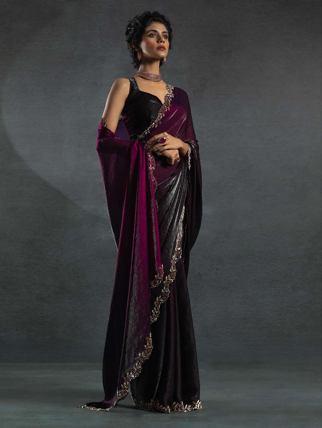 women solid with embellished bordered saree with blouse - 22141127 -  Standard Image - 1