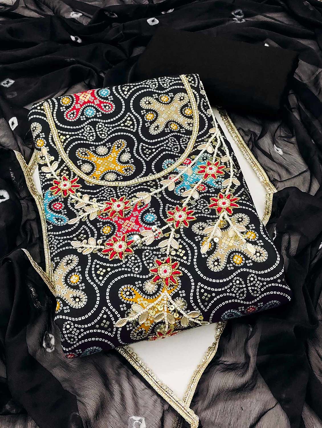 women bandhani printed embroidered unstitched suit set - 22141194 - Zoom Image - 0