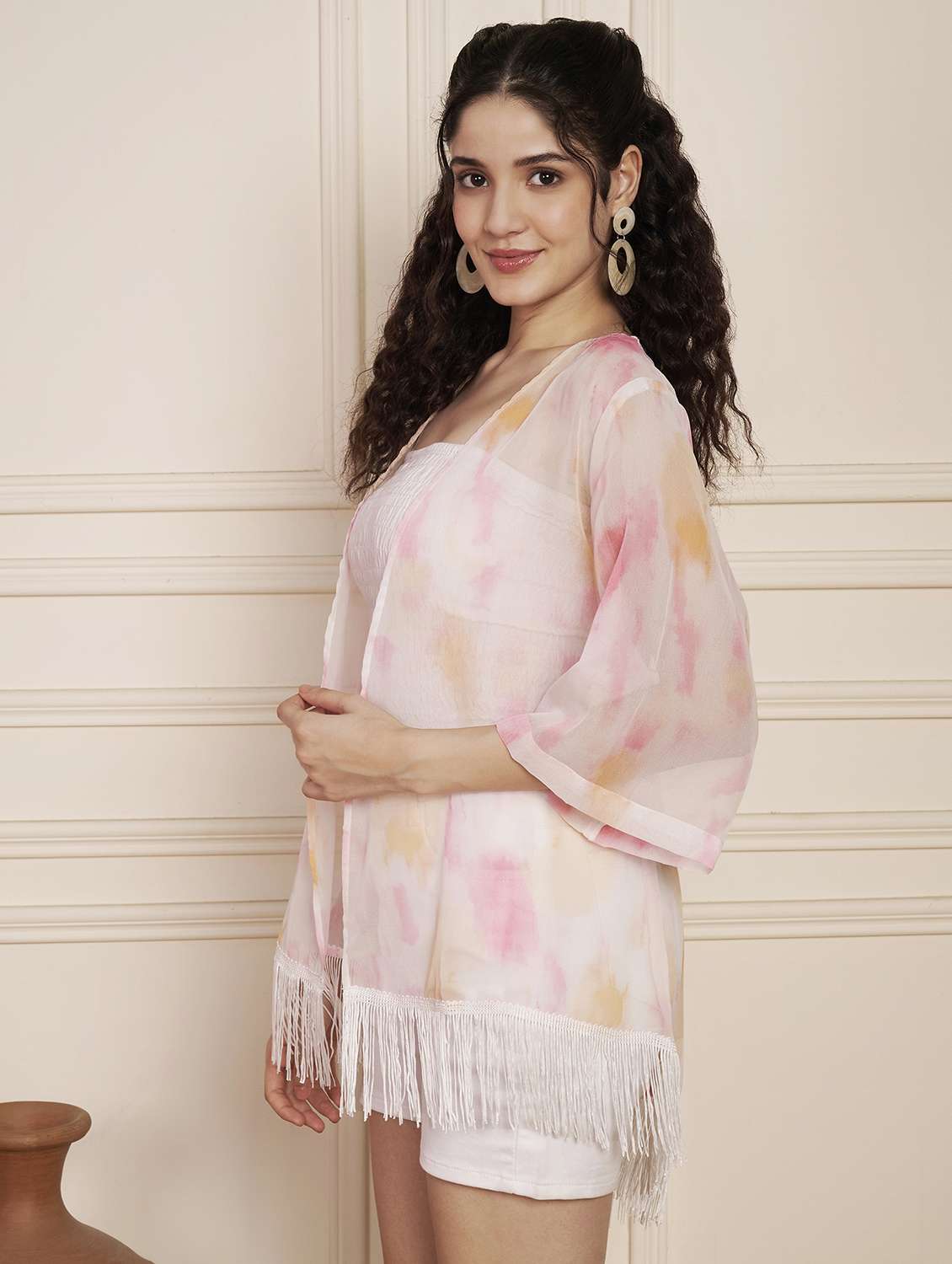 women printed bell sleeve fringed hem shrug - 22141304 -  Standard Image - 1