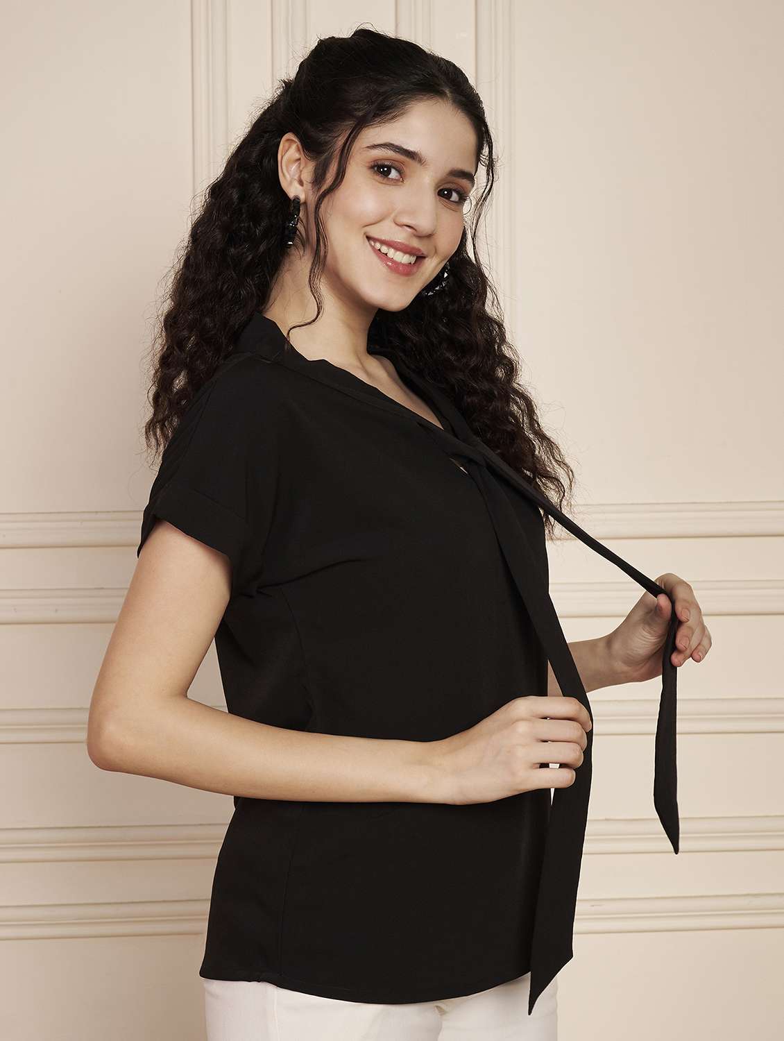 women black solid puff sleeve regular top - 22141307 -  Standard Image - 1