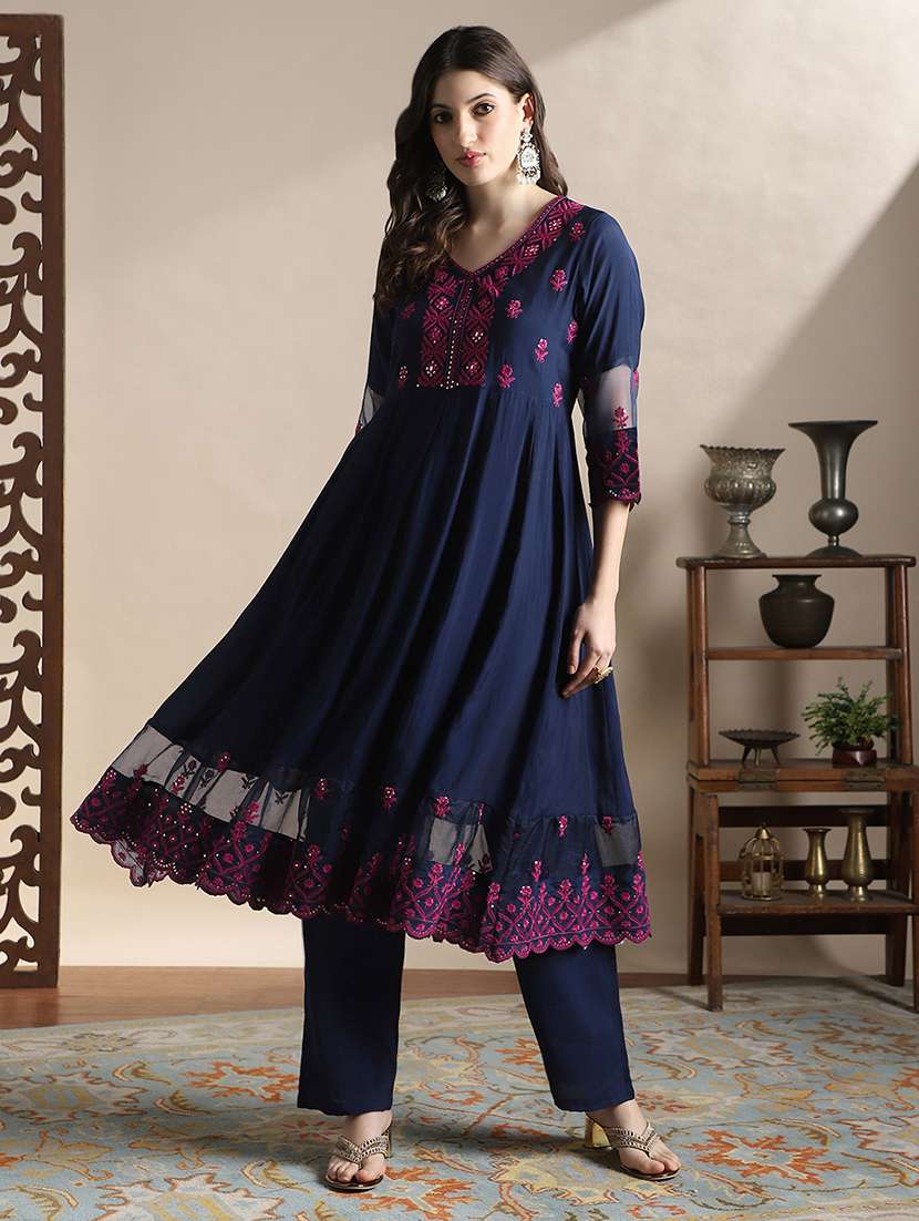 globus women navy blue sequin embroidered v-neck flared hem a-line kurta with pants festive set