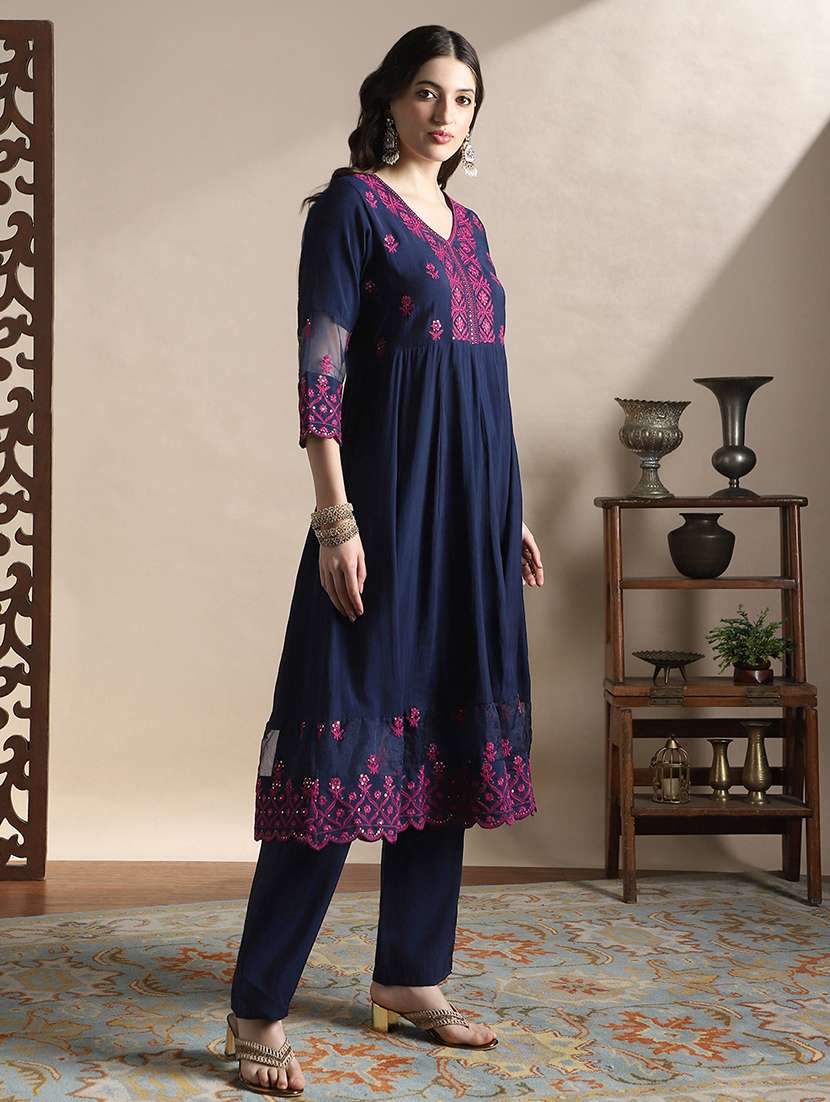 globus women navy blue sequin embroidered v-neck flared hem a-line kurta with pants festive set - 22141343 -  Standard Image - 1