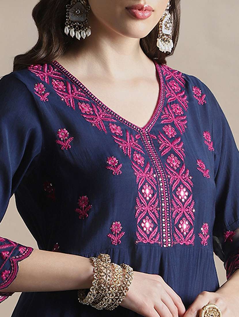 globus women navy blue sequin embroidered v-neck flared hem a-line kurta with pants festive set - 22141343 -  Standard Image - 4