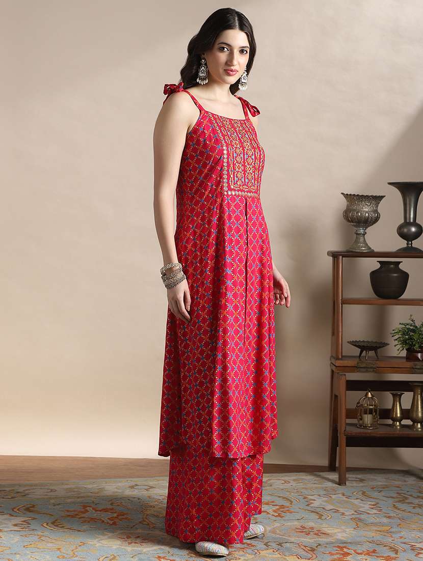 globus women coin detail tie-up shoulder straps embroidered yoke foil print front slit a-line kurta & palazzos - 22141344 -  Standard Image - 1
