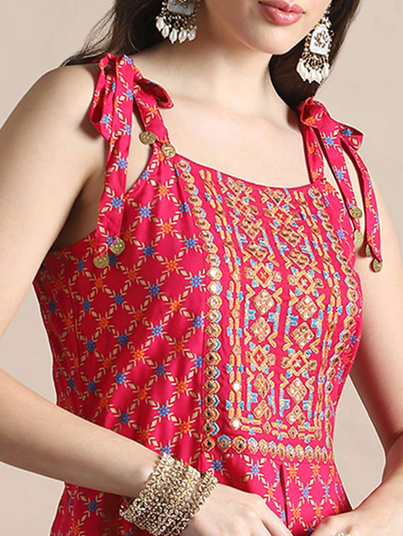 globus women coin detail tie-up shoulder straps embroidered yoke foil print front slit a-line kurta & palazzos - 22141344 -  Standard Image - 4