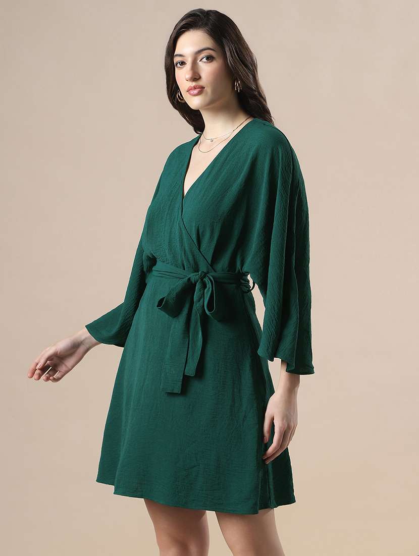 globus women green wrap v-neck extended sleeves self design mini fit & flare dress with belt - 22141345 -  Standard Image - 1