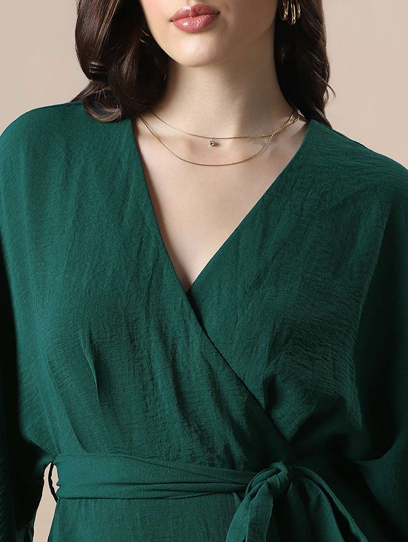 globus women green wrap v-neck extended sleeves self design mini fit & flare dress with belt - 22141345 -  Standard Image - 4