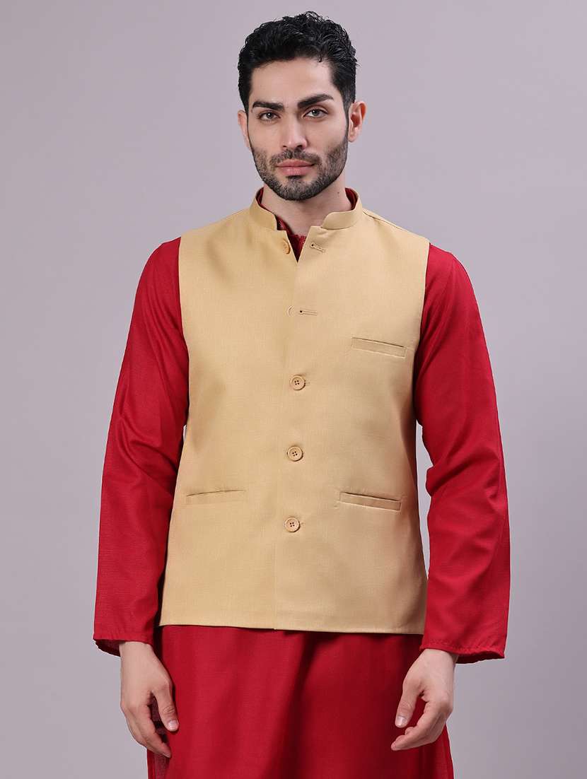 men solid mandarin neck regular fit nehru jacket - 22141349 -  Standard Image - 1