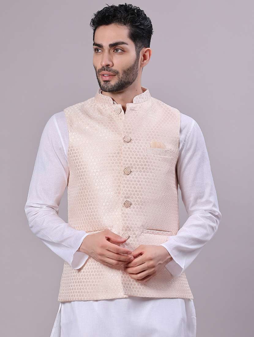 men self design mandarin neck regular fit nehru jacket - 22141352 -  Standard Image - 1