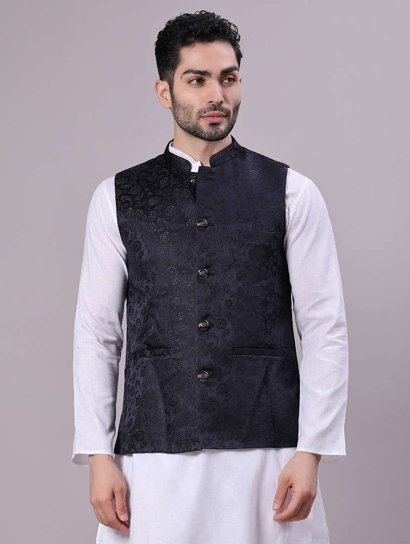 men self design mandarin neck regular fit nehru jacket - 22141355 -  Standard Image - 1
