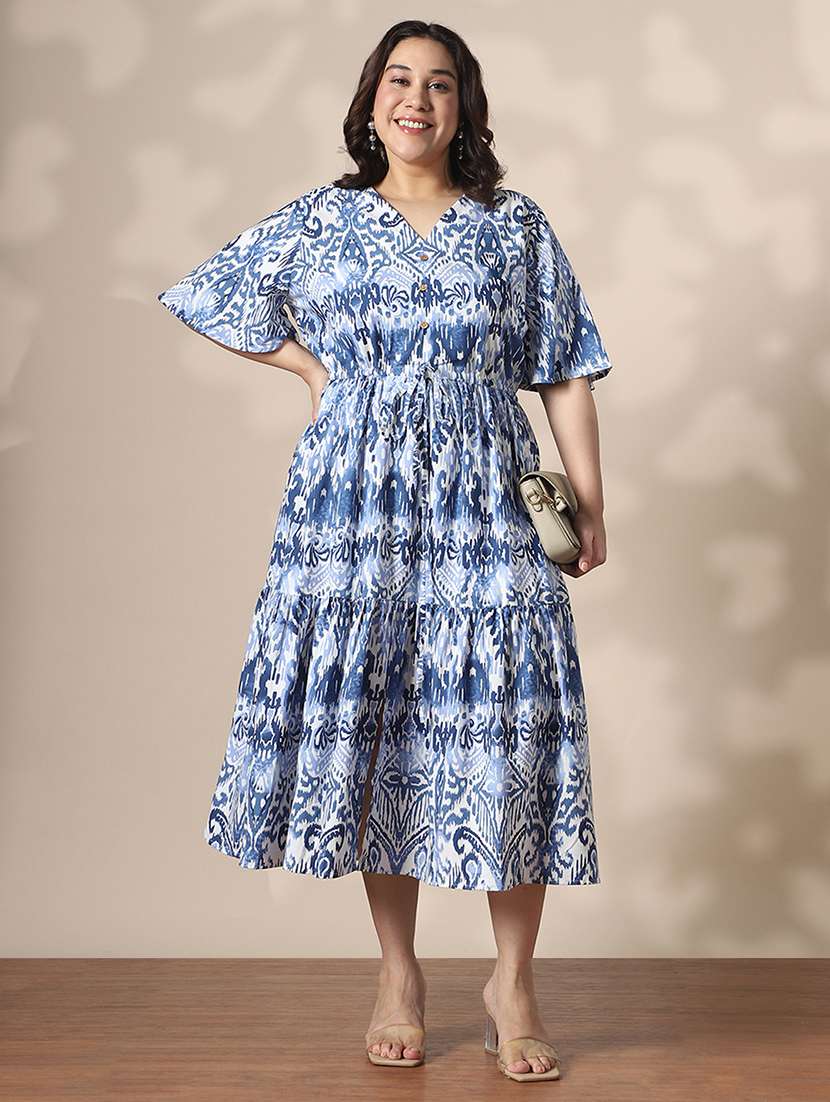 globus gloplus women blue ethnic motif v-neck flared sleeves waist tie-ups fit & flare tiered plus size midi dress - 22141358 -  Standard Image - 1