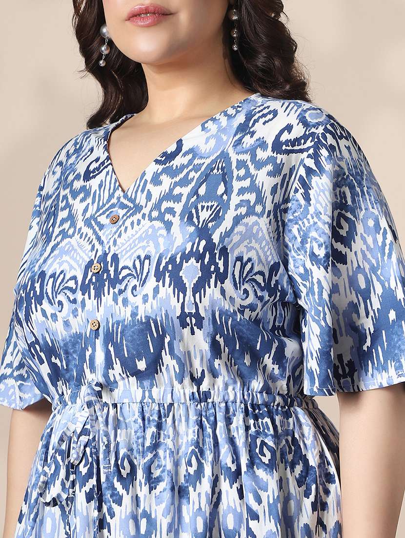 globus gloplus women blue ethnic motif v-neck flared sleeves waist tie-ups fit & flare tiered plus size midi dress - 22141358 -  Standard Image - 4
