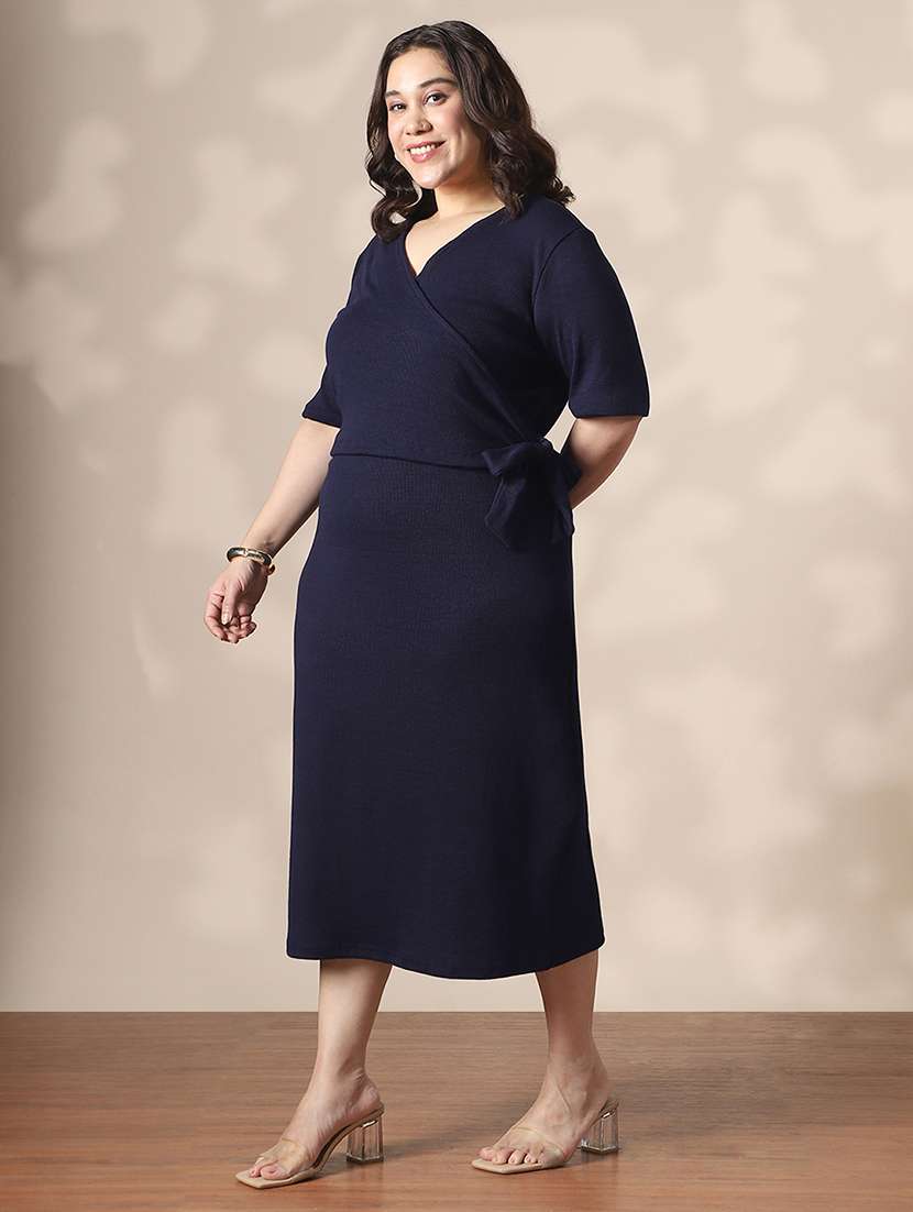 globus gloplus women navy blue wrap v-neck waist tie-ups ribbed plus size midi sheath dress - 22141359 -  Standard Image - 1