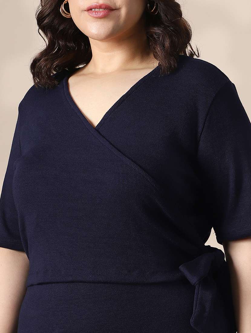 globus gloplus women navy blue wrap v-neck waist tie-ups ribbed plus size midi sheath dress - 22141359 -  Standard Image - 4