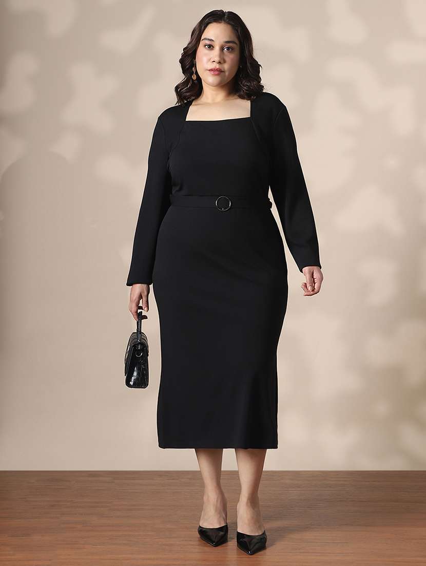 globus gloplus women black square neck full sleeves belted side slit plus size midi bodycon dress - 22141361 -  Standard Image - 1