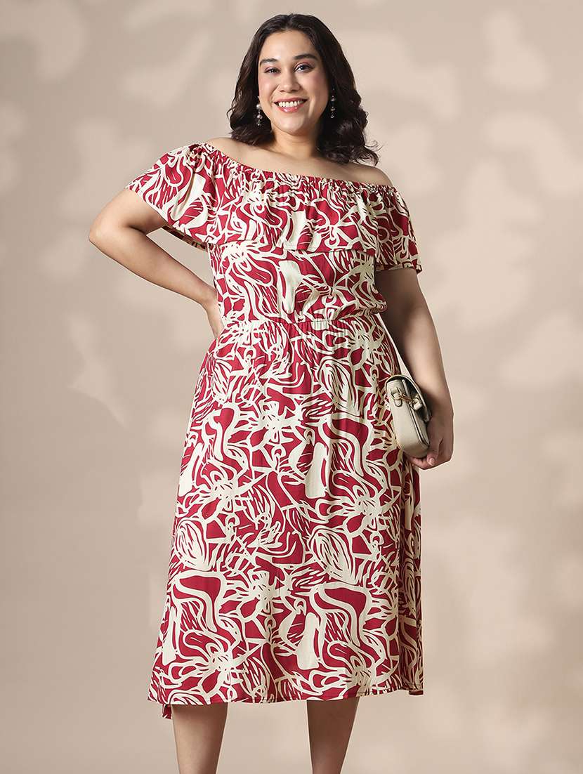 globus gloplus women red abstract print off-shoulder fit & flare plus size midi dress