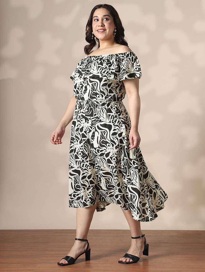 globus gloplus women black & white abstract print off-shoulder fit & flare plus size midi dress - 22141363 -  Standard Image - 1