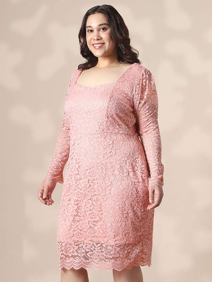 globus gloplus gloplus women pink sweetheart neck puff sleeves floral lace scalloped hem plus size sheath party dress - 22141364 -  Standard Image - 1