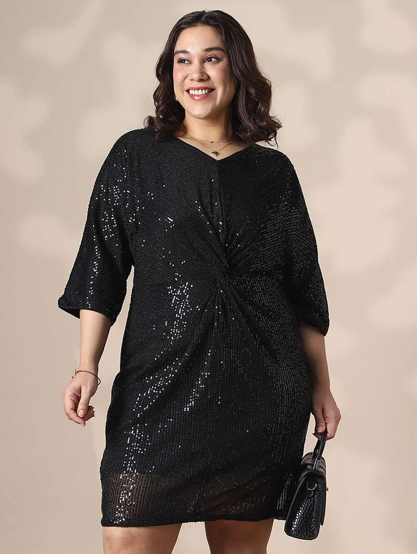 globus gloplus women black v-neck extended sleeves twisted detail sequinned mini sheath plus size party dress