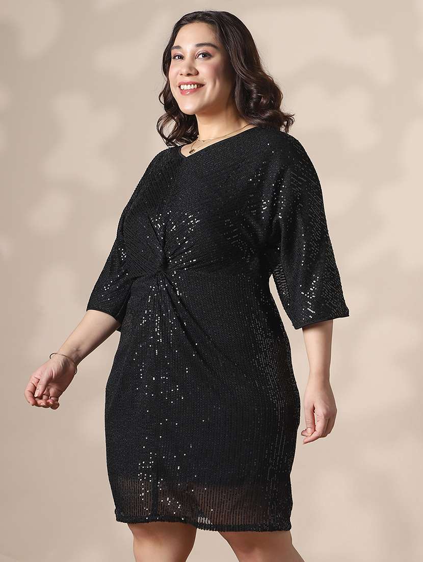 globus gloplus women black v-neck extended sleeves twisted detail sequinned mini sheath plus size party dress - 22141365 -  Standard Image - 1