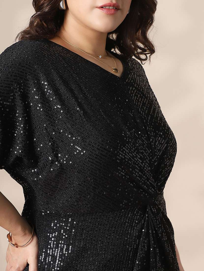 globus gloplus women black v-neck extended sleeves twisted detail sequinned mini sheath plus size party dress - 22141365 -  Standard Image - 4