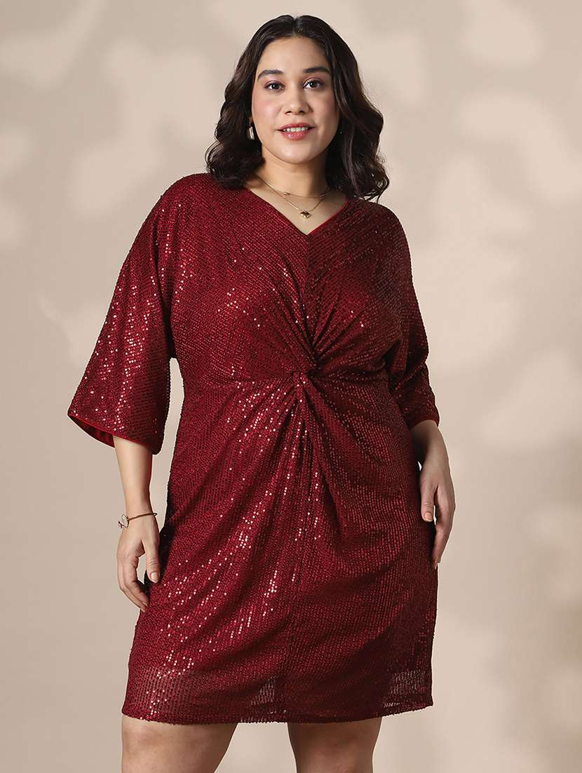 globus gloplus women marron v-neck extended sleeves twisted detail sequinned mini sheath plus size party dress