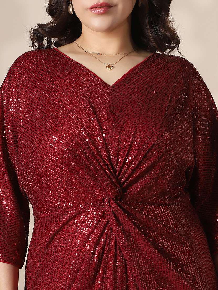 globus gloplus women marron v-neck extended sleeves twisted detail sequinned mini sheath plus size party dress - 22141366 -  Standard Image - 4