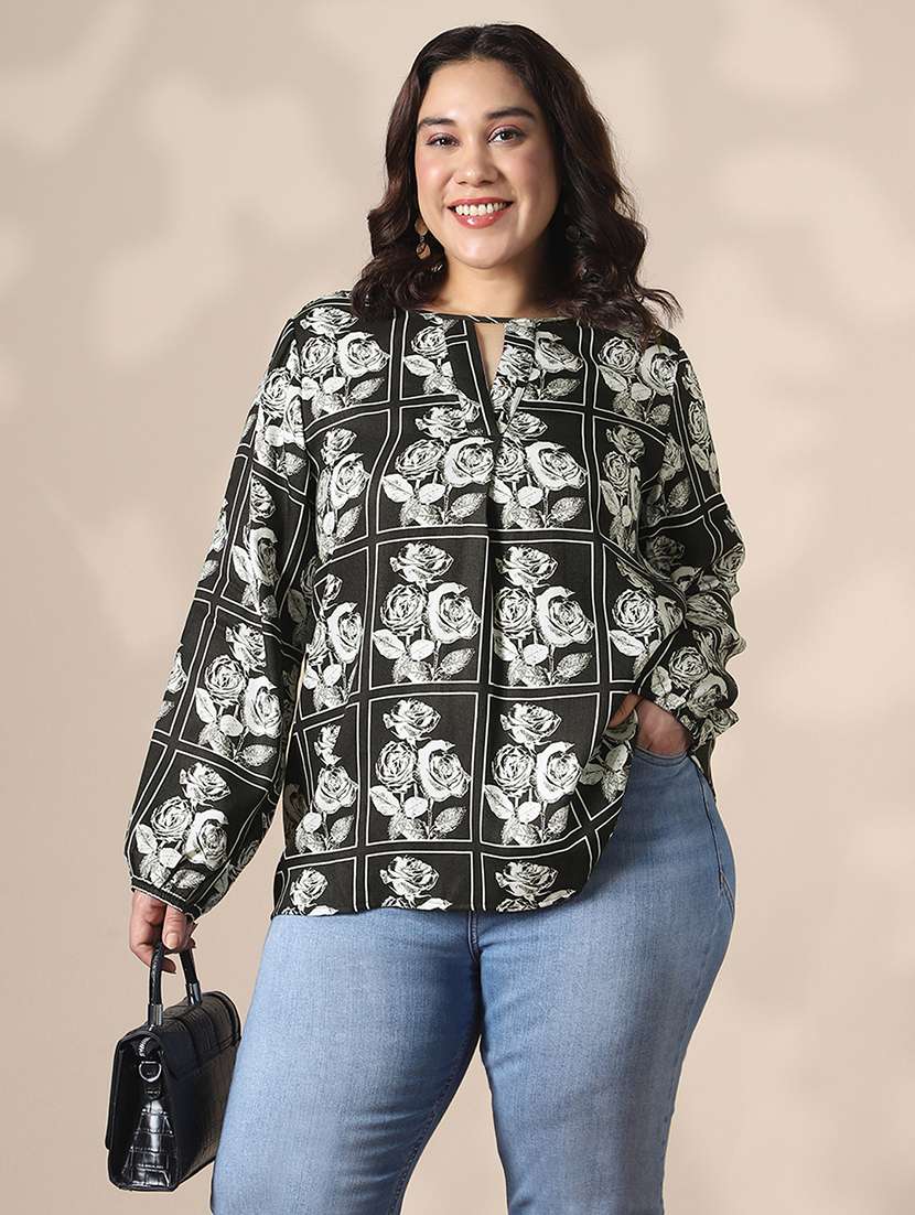 globus gloplus women black keyhole neck bishop sleeves floral print plus size top