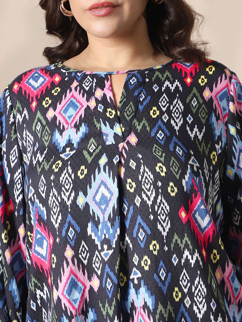 globus gloplus women multicolor keyhole neck bishop sleeves self design ikat print plus size top - 22141372 -  Standard Image - 4