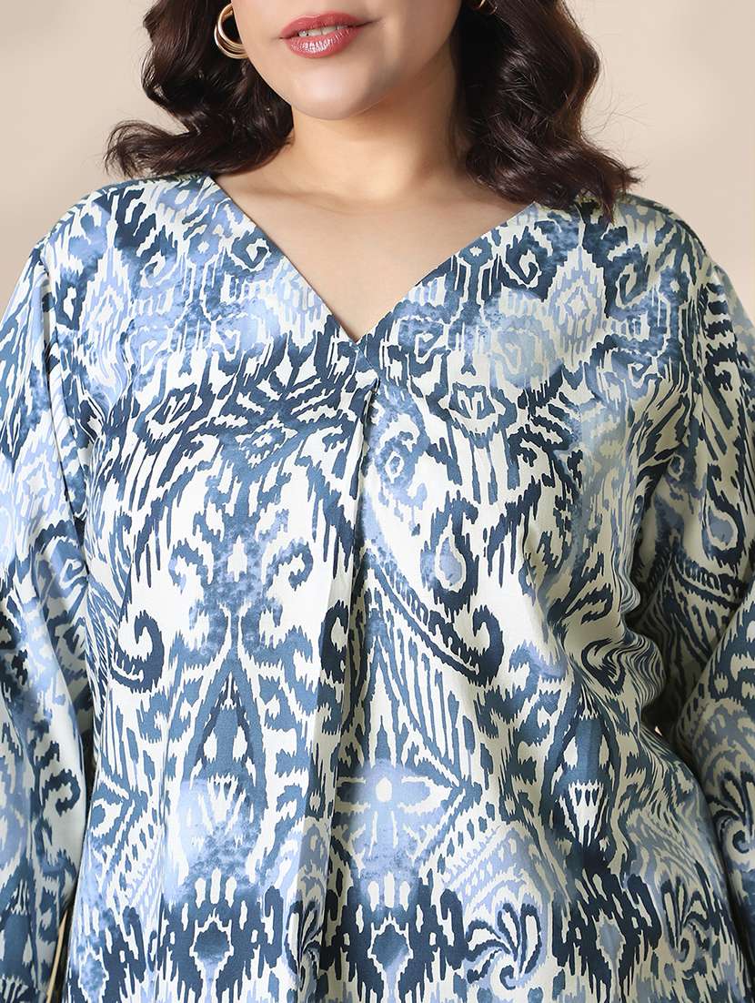 globus gloplus women blue v-neck ikat print bohemian curved hem plus size top - 22141373 -  Standard Image - 4