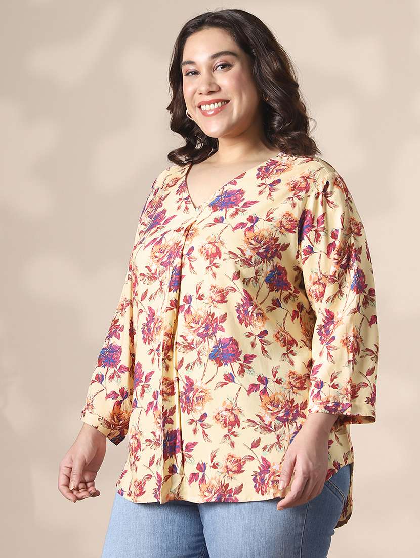 globus gloplus women cream v-neck floral print curved hem plus size top - 22141374 -  Standard Image - 1