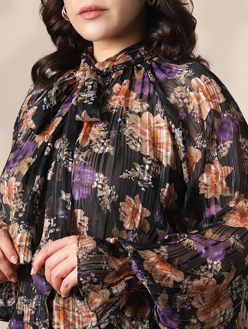 globus gloplus women black tie-up neck raglan sleeves self design floral print georgette plus size shirt style top - 22141376 -  Standard Image - 4