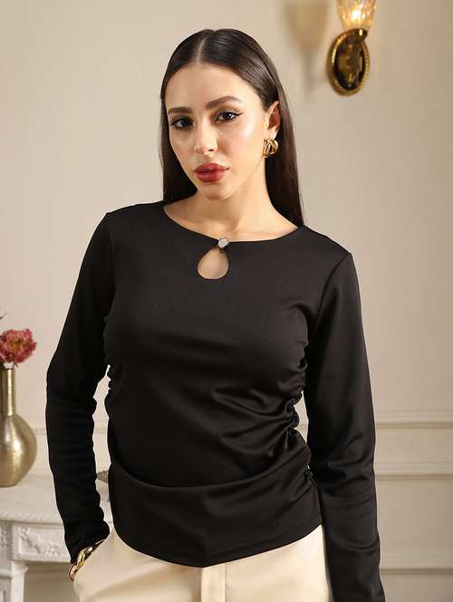globus women black keyhole neck long sleeves solid ruched detail top - 22141380 -  Standard Image - 0