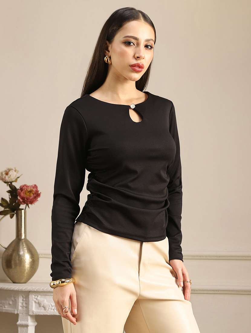 globus women black keyhole neck long sleeves solid ruched detail top - 22141380 -  Standard Image - 1