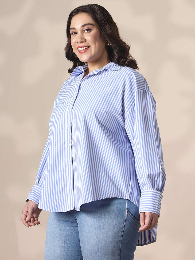 globus gloplus women blue collared neck cuffed sleeves striped curved hemline oversize workwear plus size shirt - 22141381 -  Standard Image - 1
