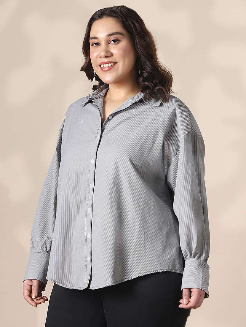 globus gloplus women black collared neck cuffed sleeves striped curved hemline oversize workwear plus size shirt - 22141382 -  Standard Image - 1